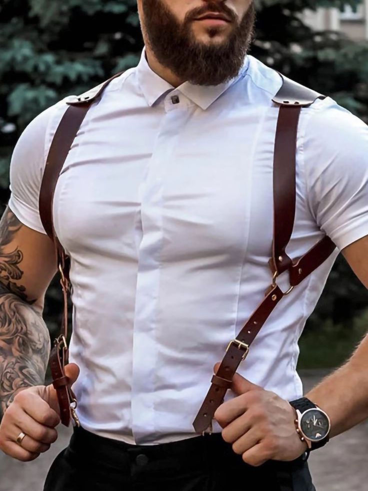 Men Fashion Buckled PU Leather Suspender Harness Brown