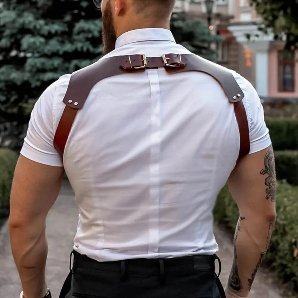 Men Fashion Buckled PU Leather Suspender Harness Brown