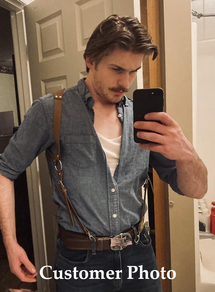 Men Fashion Buckled PU Leather Suspender Harness Brown