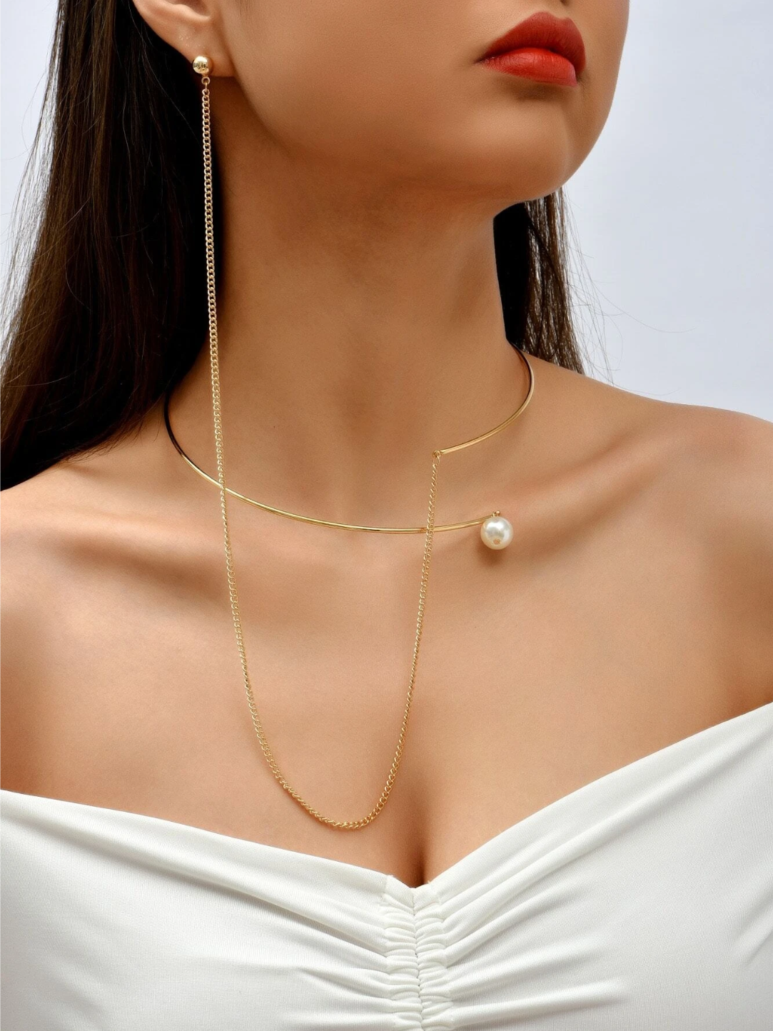 Faux Pearl Goldtone Connected Choker Earring