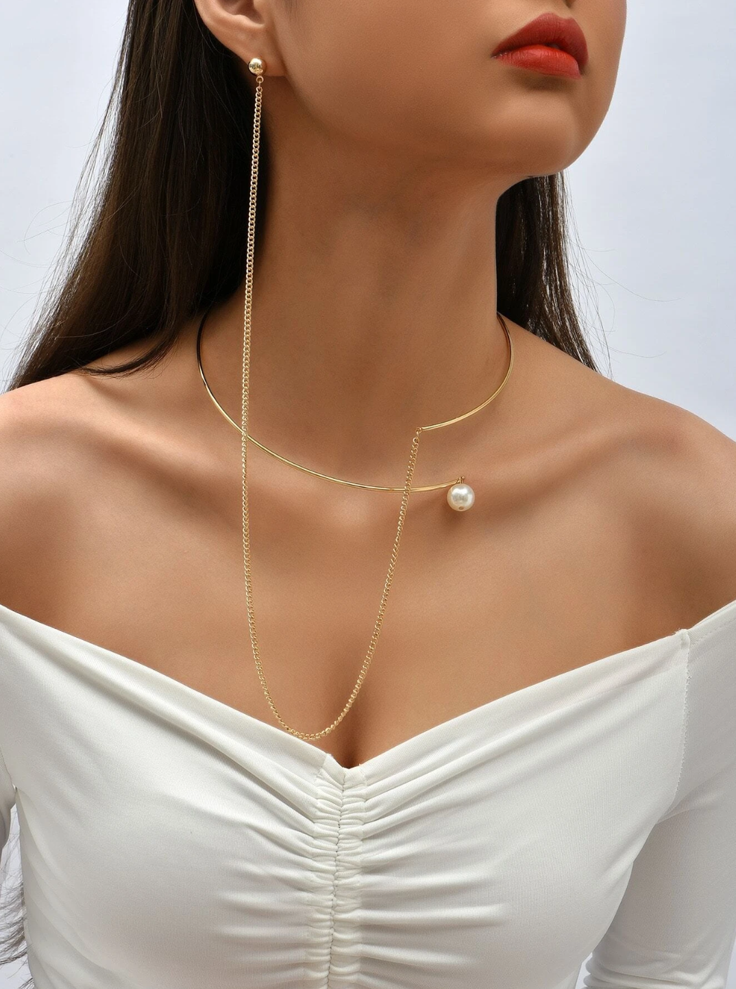 Faux Pearl Goldtone Connected Choker Earring