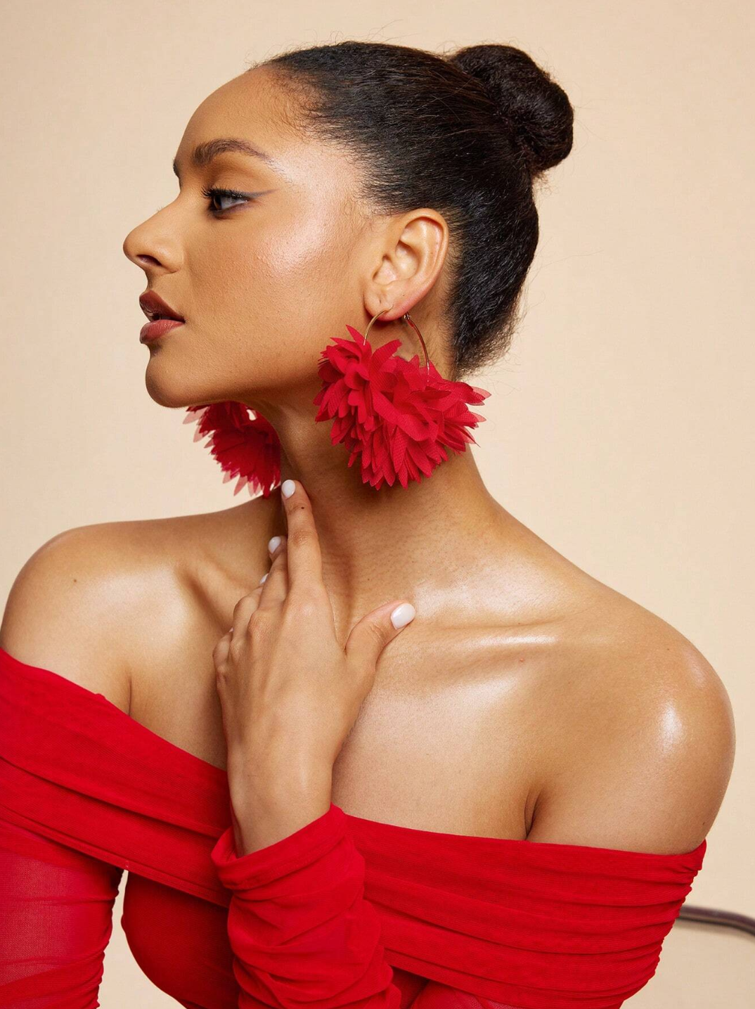 Women’s Chiffon Red 3D Flower Earrings