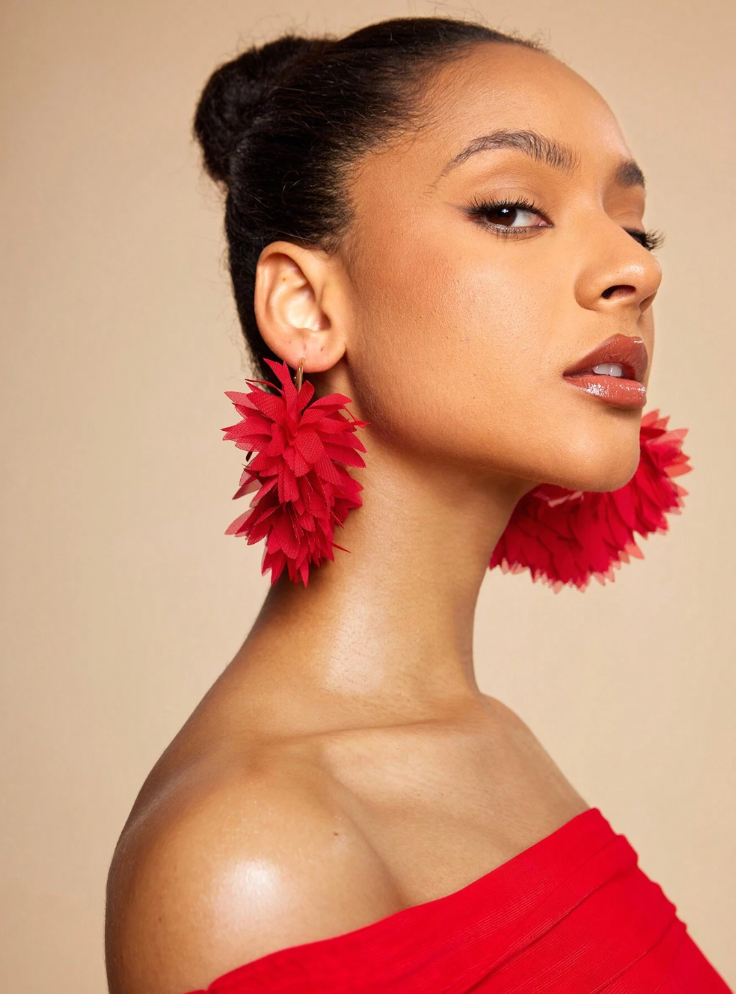 Women’s Chiffon Red 3D Flower Earrings