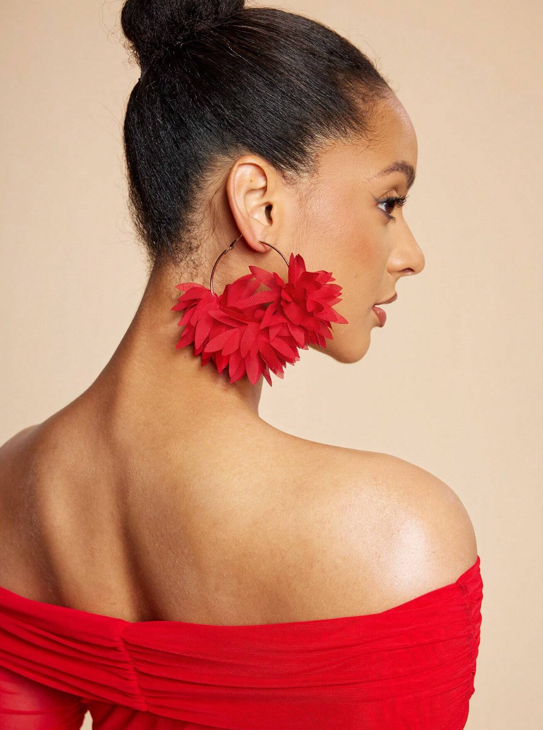 Women’s Chiffon Red 3D Flower Earrings