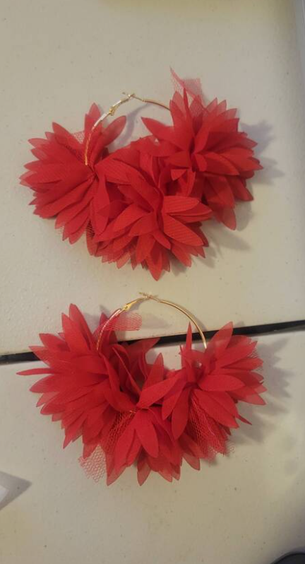Women’s Chiffon Red 3D Flower Earrings