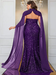 Elegant Strapless Sequined Formal Dress with Cape
