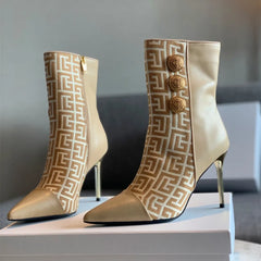 Women's Greek Key Button Leather Ankle Boots