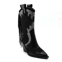 Rhinestone Beaded Embellished Fringe Block Heel Western Cowboy Boots