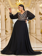 Black Plus Size V Neck Gold Stripe Sequined Chiffon Maxi Dress