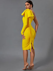Single Bow Shoulder Long-Sleeve Bandage Dress XS-XL
