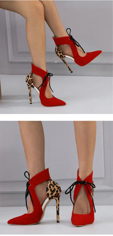 Women's Red Pointed Toe Lace Up Leopard Trim Heels