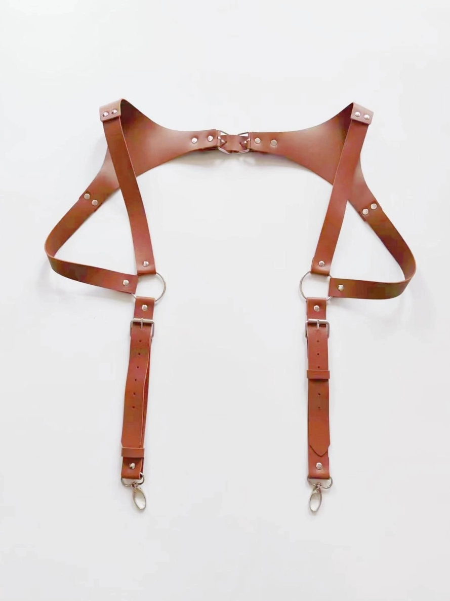 Men Fashion Buckled PU Leather Suspender Harness Brown