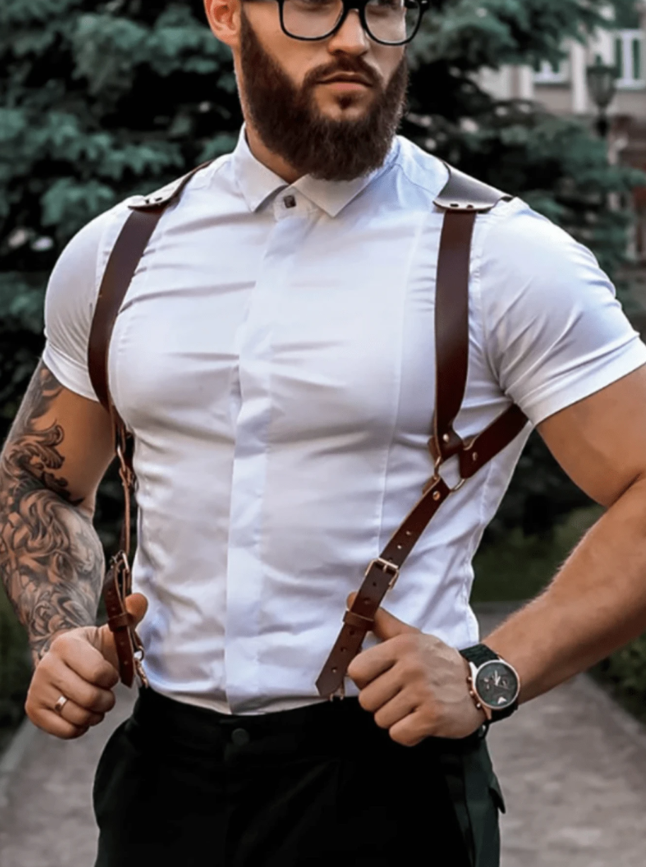 Men Fashion Buckled PU Leather Suspender Harness Brown
