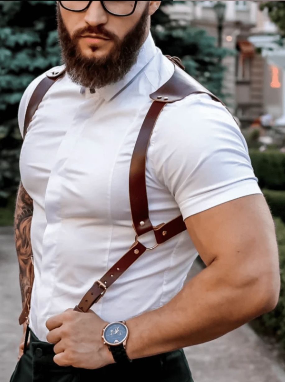 Men Fashion Buckled PU Leather Suspender Harness Brown