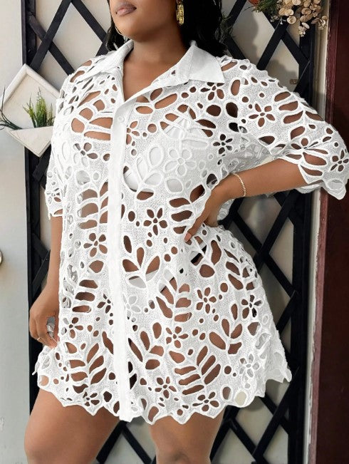 Women's Plus White Cutout Swim Coverup Shirt