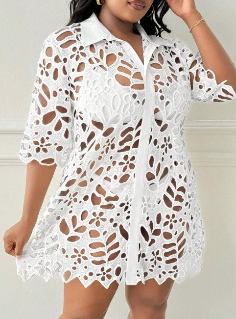 Women's Plus White Cutout Swim Coverup Shirt