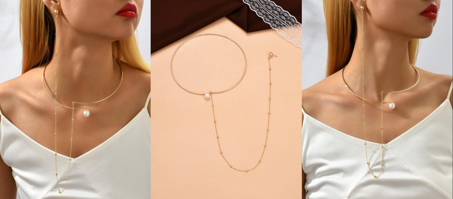 Faux Pearl Goldtone Connected Choker Earring