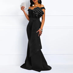 Pearl Accented Off Shoulder Trumpet Style Evening Dress
