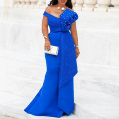 Pearl Accented Off Shoulder Trumpet Style Evening Dress