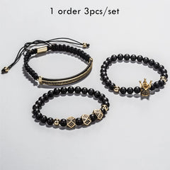 Men's Embellished 3pc Bracelet Set Black Gold