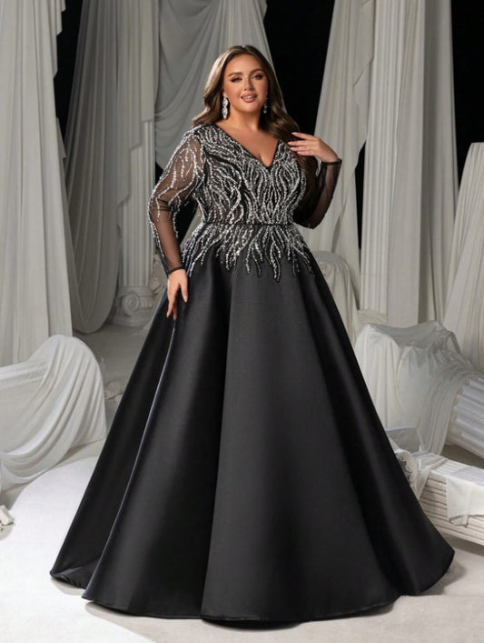 Margo Plus Size V-Neck Beaded A-Line Evening Gown