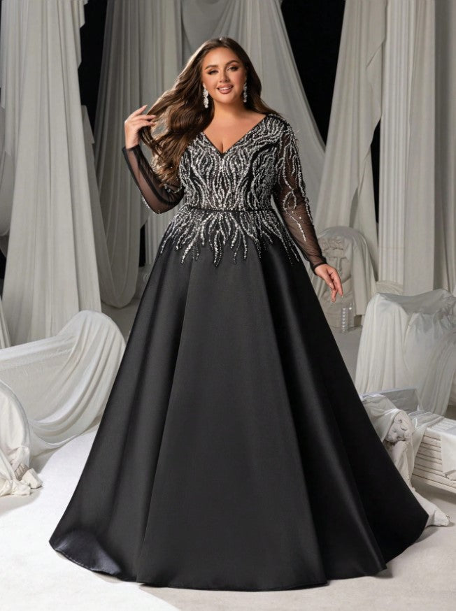 Margo Plus Size V-Neck Beaded A-Line Evening Gown