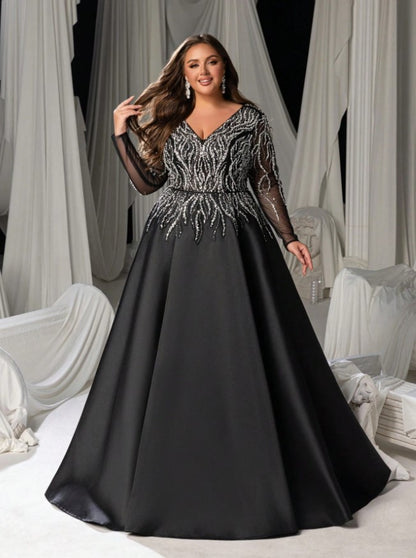 Margo Plus Size V-Neck Beaded A-Line Evening Gown