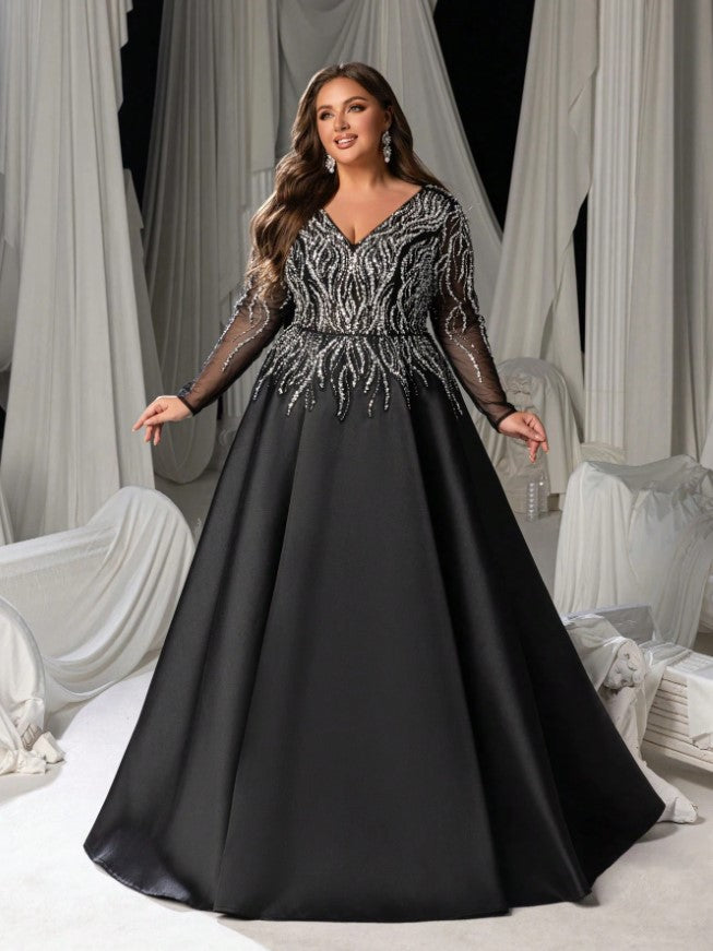 Margo Plus Size V-Neck Beaded A-Line Evening Gown