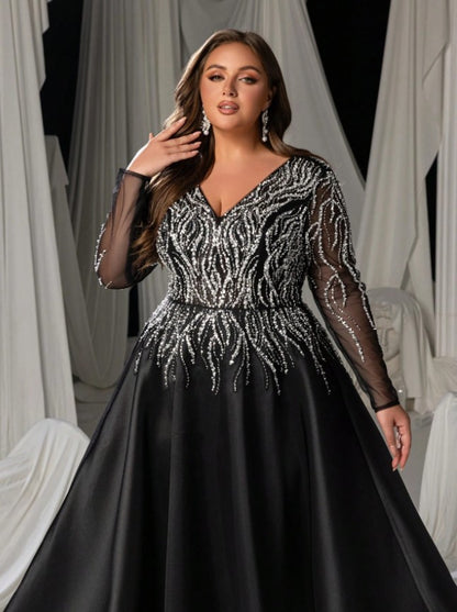 Margo Plus Size V-Neck Beaded A-Line Evening Gown