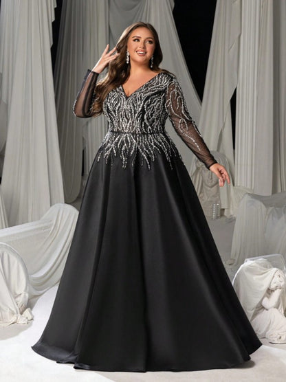 Margo Plus Size V-Neck Beaded A-Line Evening Gown