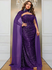 Elegant Strapless Sequined Formal Dress with Cape