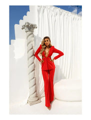 Women's Red Long Sleeve Deep V-Neck Suit with Cut-outs