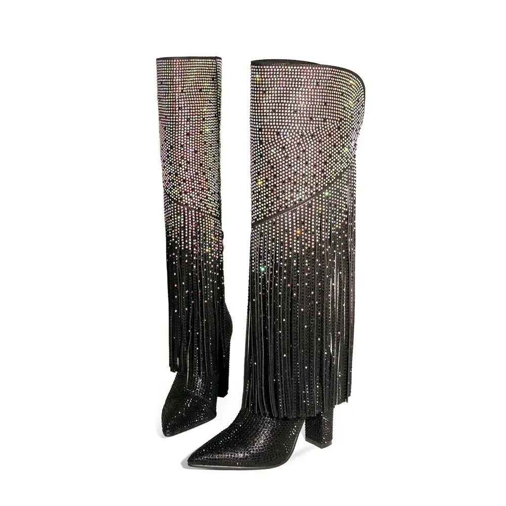 Women's Black Silver Gradient Rhinestone Square Heeled Boots Sizes 5-12