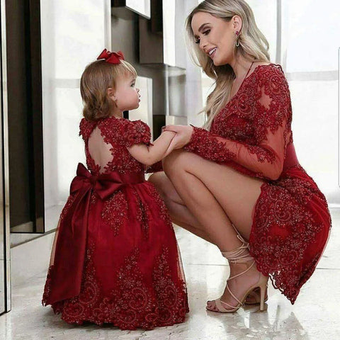Mother And Daughter Lace Applique Tulle Dresses