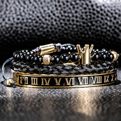 Men's Embellished 3pc Bracelet Set Black Gold
