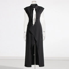 Black Asymmetric Cut-out Pearl Chain Tassel Tie Dress S-L