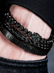 ONYX COLLECTION -  Rhinestone Embellished 3pc Men's Crown Bracelet Set