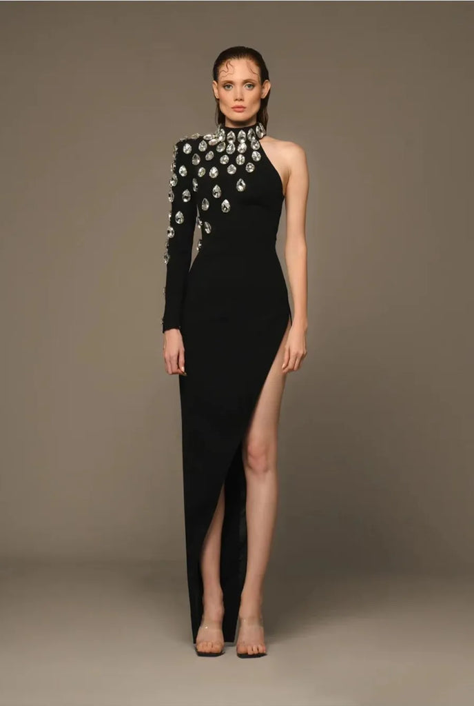 One Shoulder Big Crystal Bodycon Luxury Evening Gown
