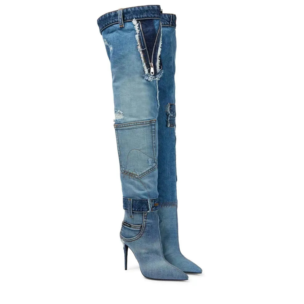 Women's Pocket Spliced Patchwork Over-the-Knee Boots