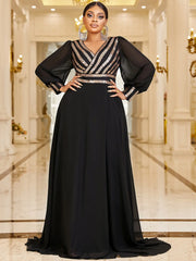 Black Plus Size V Neck Gold Stripe Sequined Chiffon Maxi Dress