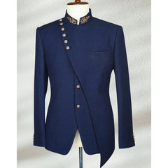 Men's Navy 2pc Casual Suit with Embroidered Collar
