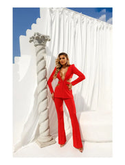 Women's Red Long Sleeve Deep V-Neck Suit with Cut-outs
