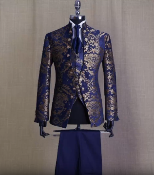 Men's Jacquard Navy Slim Fit 3pc Half Rim Suit