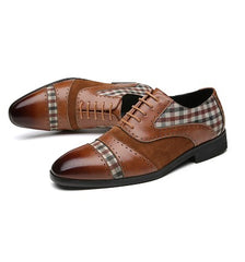 Leather Oxford Lace-up Dress Shoes with Stylish Fabric Inserts