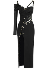 Sleeveless Luxury Safety Pin Slim-fit V-neck Gown
