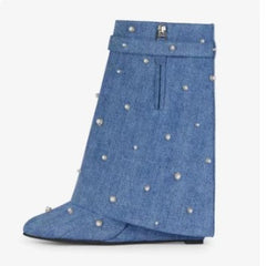 Women's Fashion Luxury Lock Folding Short Denim Trouser Boots
