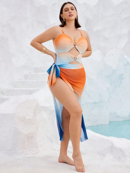 Women’s Plus Size Cutout One-Piece Swimsuit and Mesh Coverup