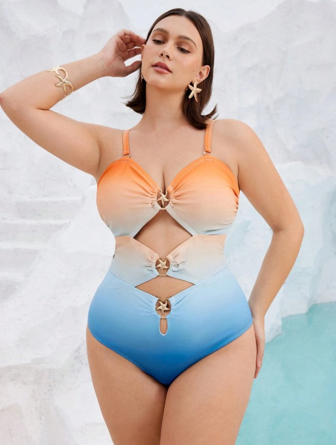 Women’s Plus Size Cutout One-Piece Swimsuit and Mesh Coverup