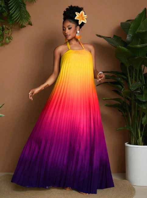 Women’s Plus Size Gradient Accordion Pleated Halter Dress