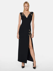 Sleeveless Luxury Safety Pin Slim-fit V-neck Gown